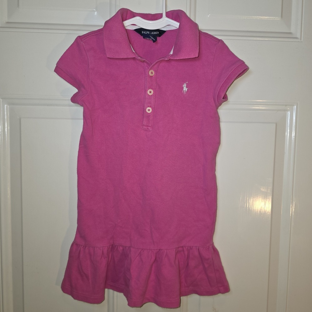 Ralph Lauren Girls Dress 4T Polo Neck Drop Waist Pink With White Pony Preppy